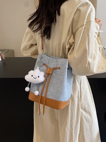 Fashion Women Denim PU Leather Splicing Bucket Bag Casual Drawstring Shoulder Crossbody Bag With Cloud Plush Pendant