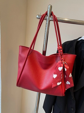 Borsa Tote da Donna di Grande Capacità in Pelle PU con Trama Litchi Borsa a Tracolla con Sciarpa a Cuore Moda Borsa per Pendolari