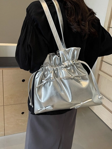 Damen Balletcore Raffungen Tote Bag Schleife Kordelzug Umhängetasche Glänzend Metallic PU Leder Große Kapazität Handtasche