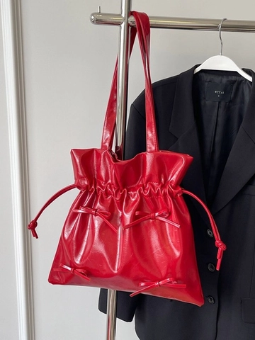 Damen Balletcore Raffungen Tote Bag Schleife Kordelzug Umhängetasche Glänzend Metallic PU Leder Große Kapazität Handtasche