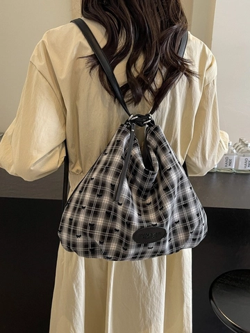 Women Fashion Canvas Backpack Large Capacity Tote Bag Plaid Polka Dot Pattern Bow Decor Multi-functional Shoulder Bag Travel