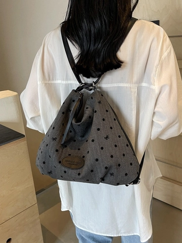 Women Fashion Canvas Backpack Large Capacity Tote Bag Plaid Polka Dot Pattern Bow Decor Multi-functional Shoulder Bag Travel