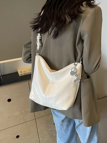 Women Fashion Metallic Glossy PU Leather Bucket Bag With Knotted Shoulder Strap And Silver Balloon Dog Charm Large Capacity Korean Casual Hobo Shoulder Bag