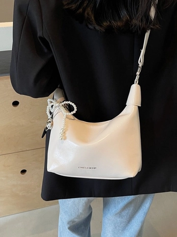 Borsa Donna Fashion Mezzaluna Hobo in Pelle PU di Alta Qualità Tracolla con Pendaglio a Fiocco di Künstliche Perle e Cuore Borsa Elegante