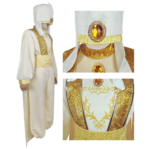 Set Costume Cosplay Aladdin Genio Sultano in Poliestere Completo da Scena Arabo Mediorientale per Festa di Halloween Carnevale Adulti Unisex