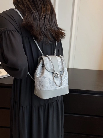 Damen Fashion Jacquard Eimer-Rucksack Eleganter Blumenmuster PU-Leder Kettengurt Mini Schultasche Mit Drehverschluss