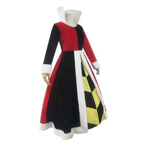 Fantasy Women Velvet Queen Of Hearts Cosplay Dress Long Sleeve Stand Collar Faux Fur Trim Halloween Party Maxi Gown