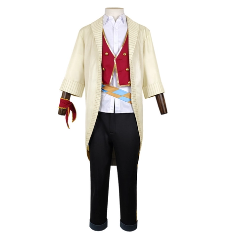 Herren Anime Charakter Stil Cosplay Kostüm Komplettset Beige Gestreifter Mantel Rote Weste Hemd Hose Gürtel Für Halloween Party