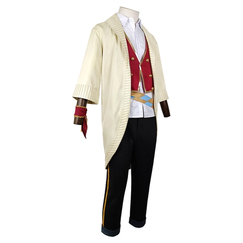 Herren Anime Charakter Stil Cosplay Kostüm Komplettset Beige Gestreifter Mantel Rote Weste Hemd Hose Gürtel Für Halloween Party