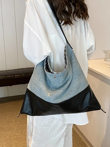 Borsa Tote Grande Capacità Denim Pelle Patchwork Donna Borsa a Spalla Spesa Per Scuola Quotidiano Casual Stile di Strada