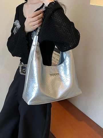 Bolso Tote de Cuero PU de Gran Capacidad para Mujer Textura Arrugada Con Remaches de Corazón y Correa de Cadena Bolso Diario