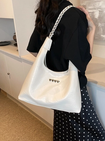 Bolso Tote de Cuero PU de Gran Capacidad para Mujer Textura Arrugada Con Remaches de Corazón y Correa de Cadena Bolso Diario