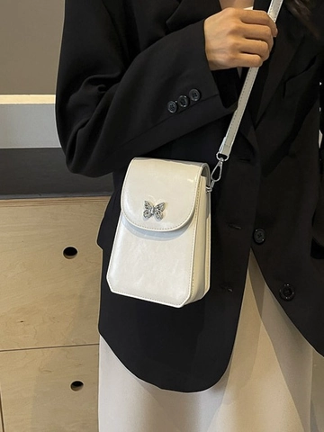 Pochette de Téléphone Portable en Cuir PU pour Femme avec Boucle Papillon en Argent Bandoulière Réglable Petit Sac Carré