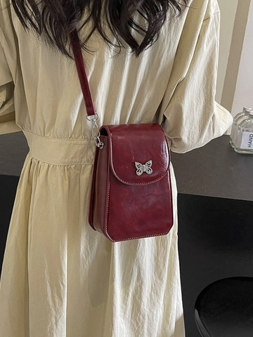 Pochette de Téléphone Portable en Cuir PU pour Femme avec Boucle Papillon en Argent Bandoulière Réglable Petit Sac Carré