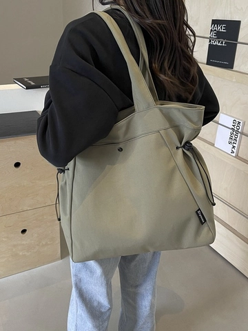 Borsa Tote in Tela da Donna Grande Capacità Casual con Coulisse Borsa a Tracolla Street Style Handbag Tinta Unita