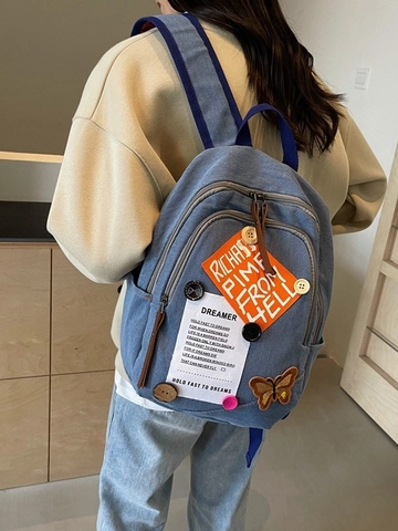 Trendy Blauwe Denim Rugzak Voor Dames Studenten Grote Capaciteit Met Vlinder Borduurwerk En DIY Patches Casual Schooltas