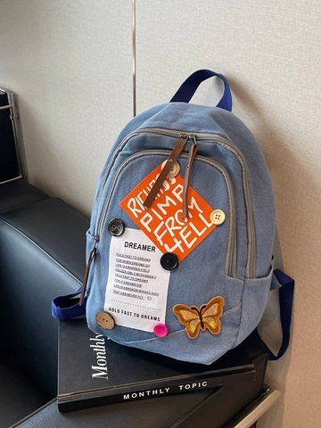 Trendy Blauwe Denim Rugzak Voor Dames Studenten Grote Capaciteit Met Vlinder Borduurwerk En DIY Patches Casual Schooltas
