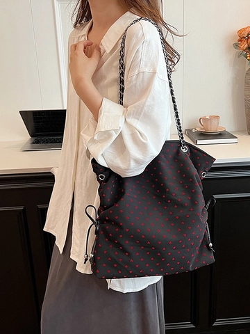 Borsa Tote in Nylon da Donna ad Alta Capacità Con Tracolla a Catena Cuore Pois Fiocco Stampa Coulisse Borsa a Spalla Per Pendolarismo Quotidiano