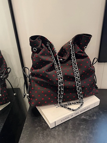 Borsa Tote in Nylon da Donna ad Alta Capacità Con Tracolla a Catena Cuore Pois Fiocco Stampa Coulisse Borsa a Spalla Per Pendolarismo Quotidiano