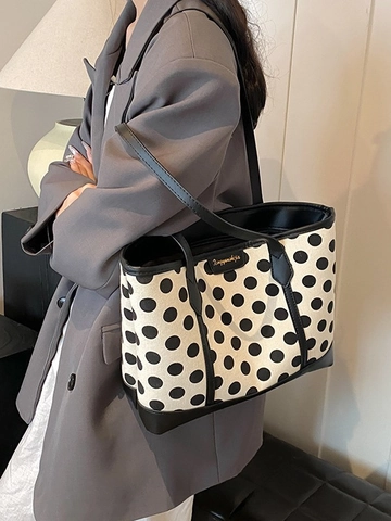 Bolso Tote Grande de Lunares para Mujer Casual de Lona Cuir PU Patchwork Color de Contraste Bolso de Hombro Moda