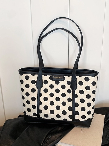 Bolso Tote Grande de Lunares para Mujer Casual de Lona Cuir PU Patchwork Color de Contraste Bolso de Hombro Moda