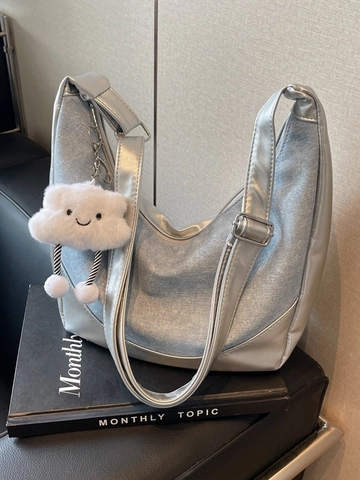 Women Denim Patchwork Hobo Bag Large Capacity Underarm Shoulder Bag With Cloud Charm Adjustable Strap Crossbody Bag
