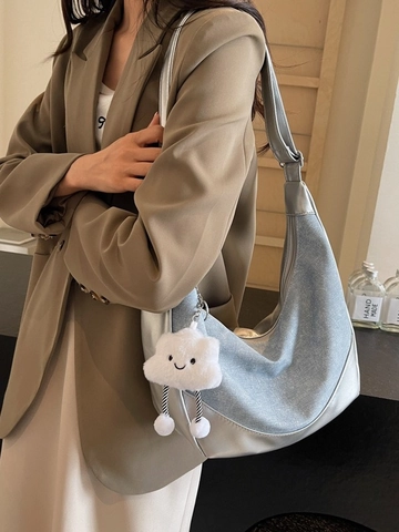Women Denim Patchwork Hobo Bag Large Capacity Underarm Shoulder Bag With Cloud Charm Adjustable Strap Crossbody Bag