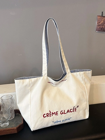 Borsa Tote in Tela di Grande Capacità per Donna Con Lettere Francesi Ricamate a Righe Borsa a Tracolla Fronte Retro Daily