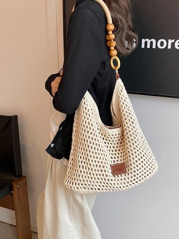 Women Hand Woven Hollow Out Cotton Rope Tote Bag Bohemian Wood Beads Shoulder Bag Vacation Beach Casual Large Capacity Purse