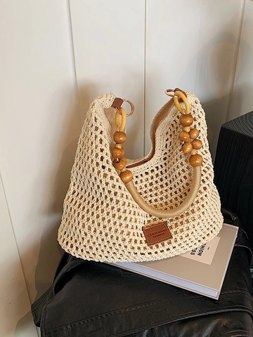 Women Hand Woven Hollow Out Cotton Rope Tote Bag Bohemian Wood Beads Shoulder Bag Vacation Beach Casual Large Capacity Purse