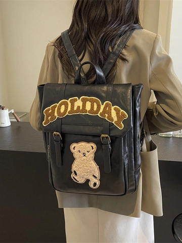 Mochila de Cuero PU para Mujer Estilo Vintage Preppy Moda Holiday Letra Oso Parche Bolsa de Escuela Mochila Casual para Niñas