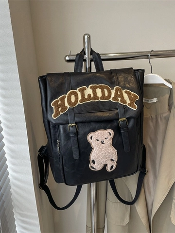 Mochila de Cuero PU para Mujer Estilo Vintage Preppy Moda Holiday Letra Oso Parche Bolsa de Escuela Mochila Casual para Niñas