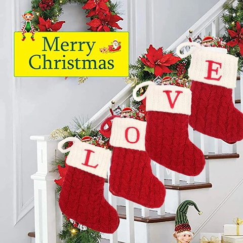 Gestrickte Weihnachtssocke Rot Weiß Alphabet Buchstaben Muster Weihnachtsdekoration Party Haus Ornament Festlicher Geschenksack