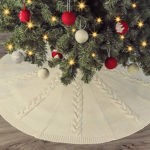 Cable Knit Christmas Tree Skirt Cream White Round Xmas Tree Base Floor Mat Cover For Holiday Party Home Decoration