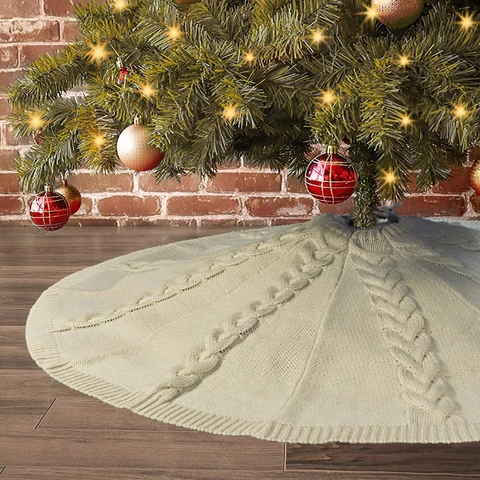 Cable Knit Christmas Tree Skirt Cream White Round Xmas Tree Base Floor Mat Cover For Holiday Party Home Decoration