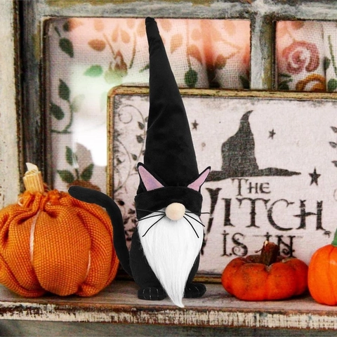 Halloween Black Cat Gnome Faceless Doll Decoration Plush Ornament With Cat Ears Long Beard For Home Party Table Decor