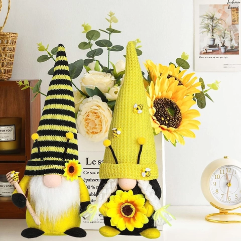 Bee Day Gnome Decorations Sunflower Honey Bee Day Plush Ornaments Handmade Swedish Tomte Home Farmhouse Table Decor Gift