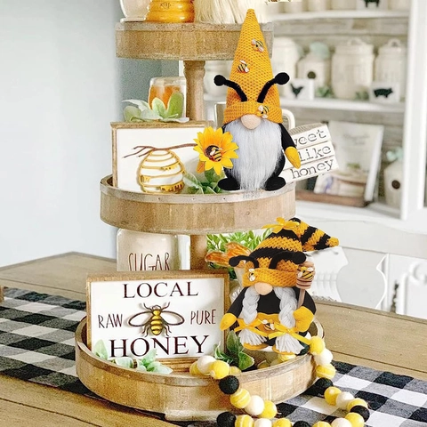 Bee Festival Gnomes Plush Decorations Faceless Doll With Sunflower Honey Dipper Striped Knit Hat Tabletop Home Ornament