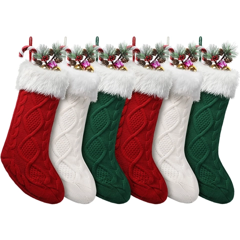 Calza di Natale a Trecce Con Bordo in Pelliccia Sintetica Acrilico Sacchetto Regalo Per Camino Rosso Verde Bianco