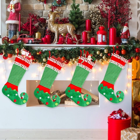 Grote Kerstsok Gebreid Elf Laars Vorm Cadeauzakje Met Bel Pompons Strepen Feestelijke Open Haard Hangende Decoratie