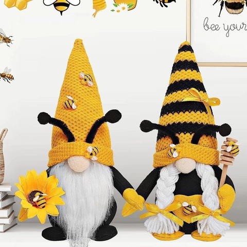 Bee Festival Gnomes Plush Decorations Faceless Doll With Sunflower Honey Dipper Striped Knit Hat Tabletop Home Ornament