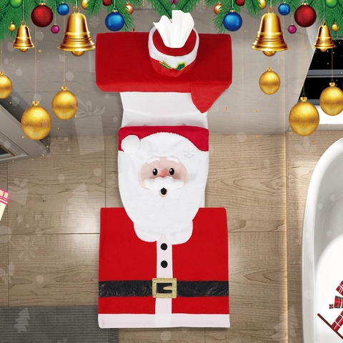 Housse de Siège de Toilette Père Noël Décoration de Salle de Bain Rouge Blanc Flanelle Douce Décor de Noël Tapis de Bain