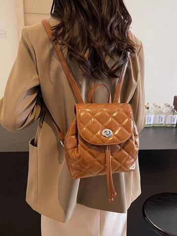 Women Quilted Mini Backpack Shiny PU Leather Rhombic Small Rucksack With Metal Turn Lock Drawstring Fashion Daily Travel Bag