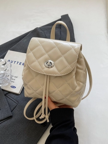 Women Quilted Mini Backpack Shiny PU Leather Rhombic Small Rucksack With Metal Turn Lock Drawstring Fashion Daily Travel Bag