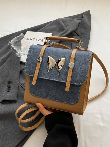 Zaino Mini da Donna alla Moda con Blocco di Colore Retrò Fibbia a Farfalla in Pelle PU Patchwork Zaino Casual