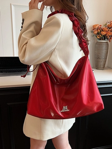 Dames Tote Bag Met Geplooide Schouderband Glanzend PU Leer Okseltas Grote Capaciteit Hobo Handtas Koreaanse Tassen