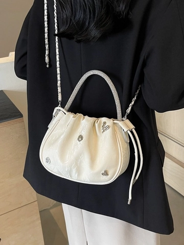 Damen Plissee Eimertasche Strassgriff PU Leder Herz Metall Deko Kettenriemen Umhängetasche Mode Handtasche