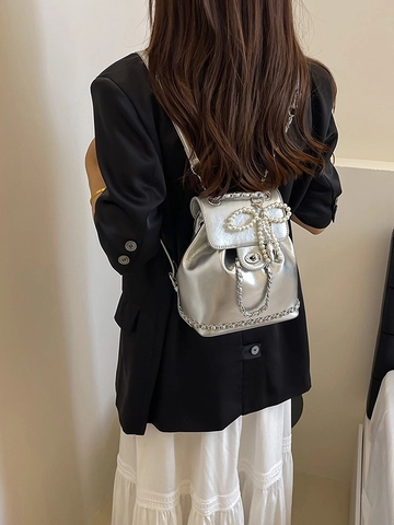 Women Fashion Mini Backpack PU Leather Bucket Bag With Pearl Bow Charm Silver Chain Shoulder Bag For Daily Commute
