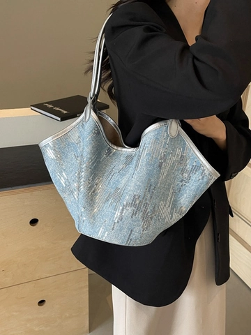 Women Large Capacity Sequin Denim Tote Bag Shiny Striped Canvas Shoulder Bag Urban Commute Handbag Daily Versatile Shopper