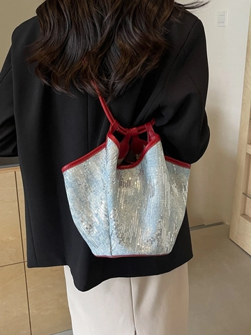 Women Large Capacity Sequin Denim Tote Bag Shiny Striped Canvas Shoulder Bag Urban Commute Handbag Daily Versatile Shopper